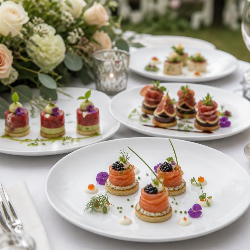 Entradas gourmet elegantemente servidas em pratos brancos