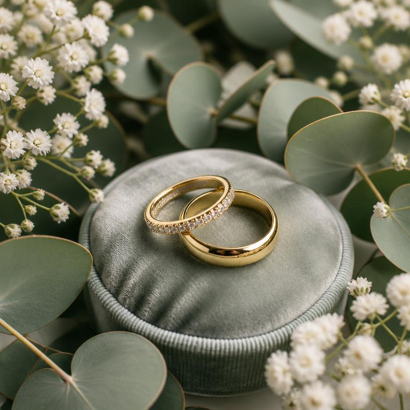 Alianças de casamento em caixinha de veludo cinza com eucalipto e flores brancas
